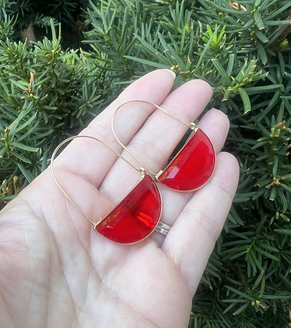Red Crimson Gold Gem Hoop Earrings