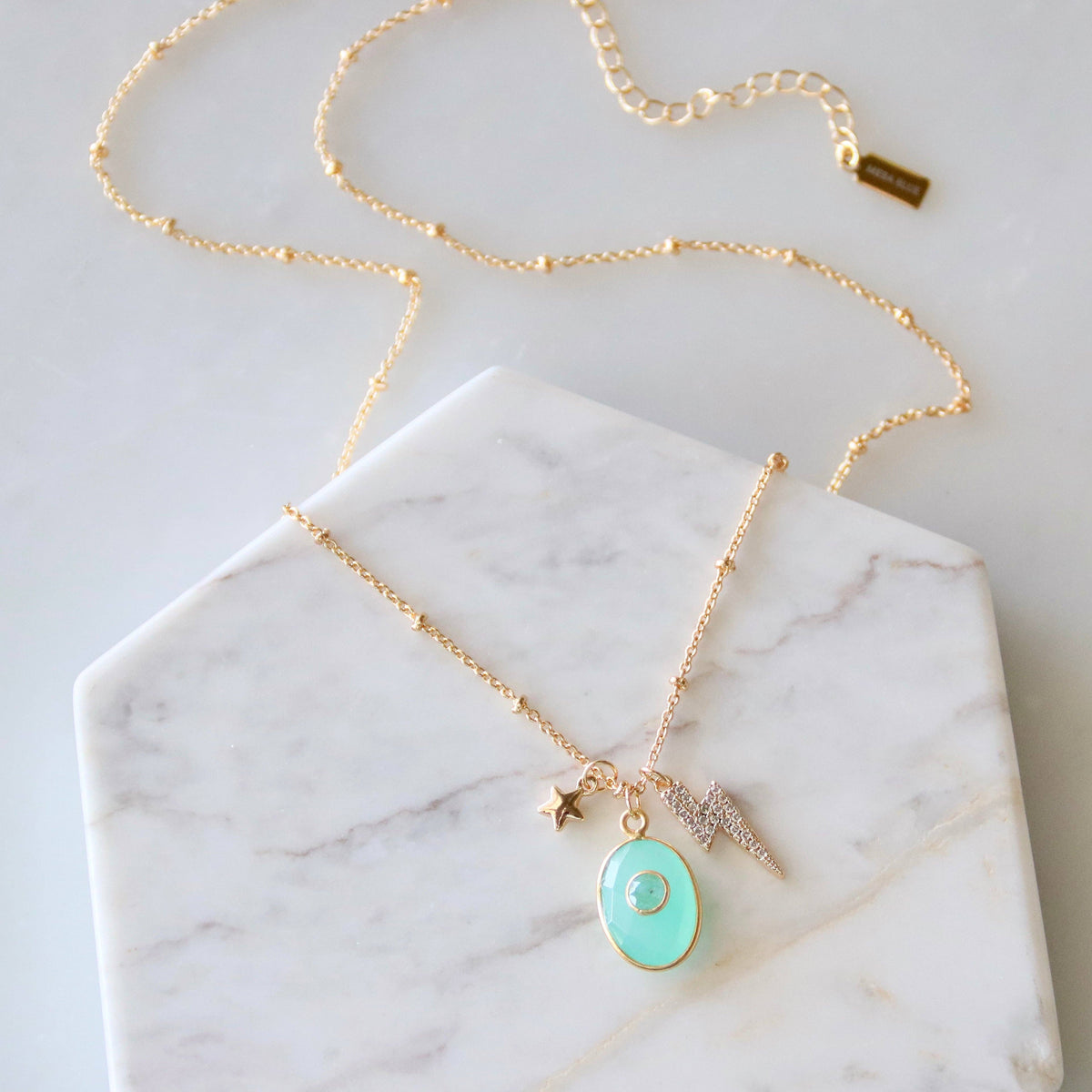 Aqua Chalcedony CZ Lightning Bolt Necklace