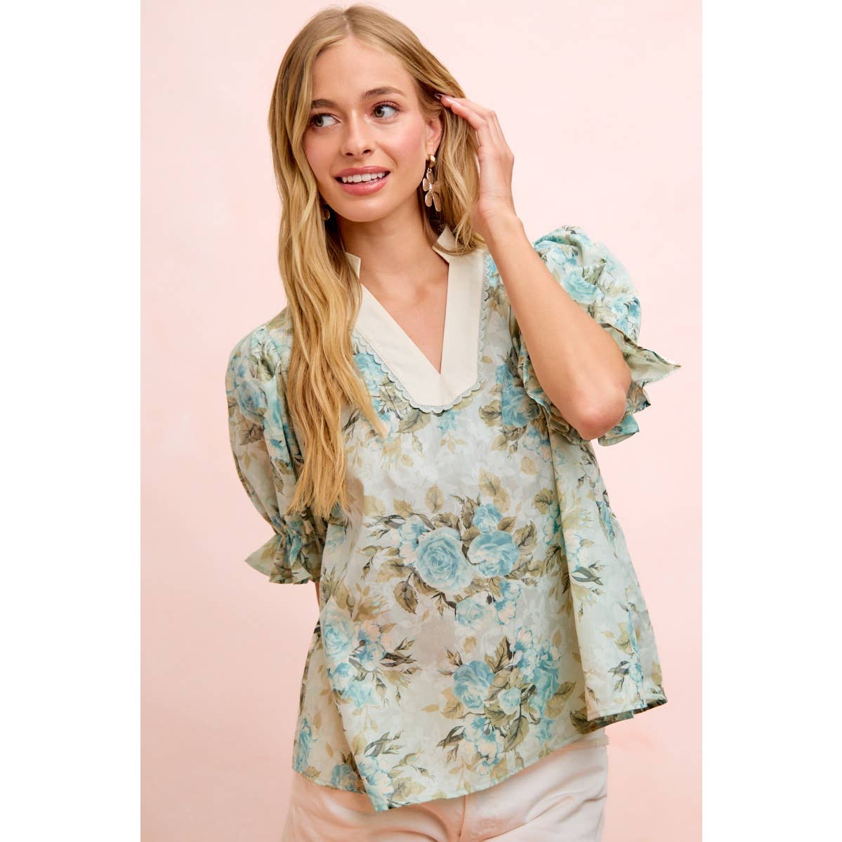 ROSE PRINTED WOVEN V NECK TOP WITH RUFFLE SLEEVES