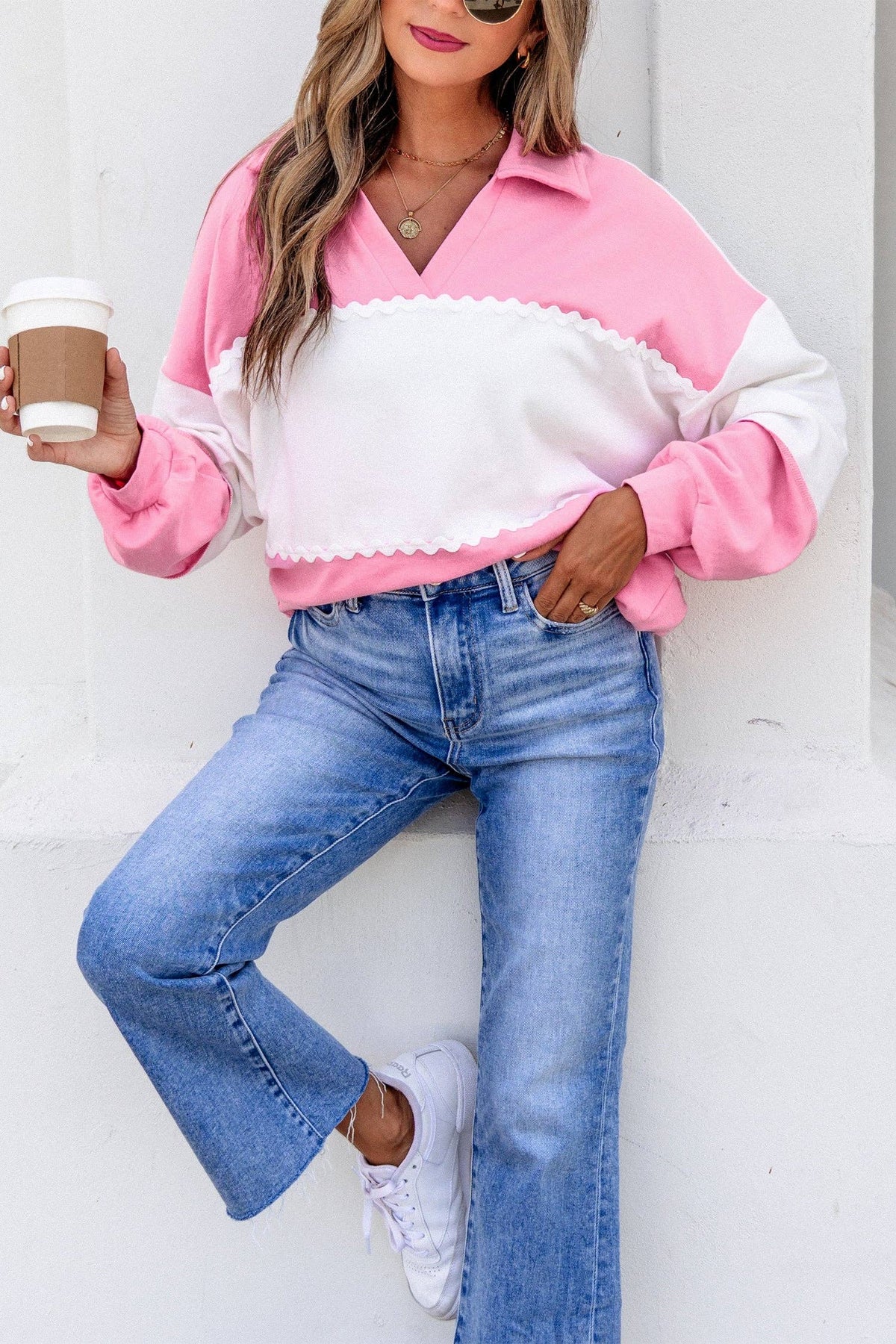 Color Block Ricrac Trim Patchwork Collar V Neck Long Sleeve Top