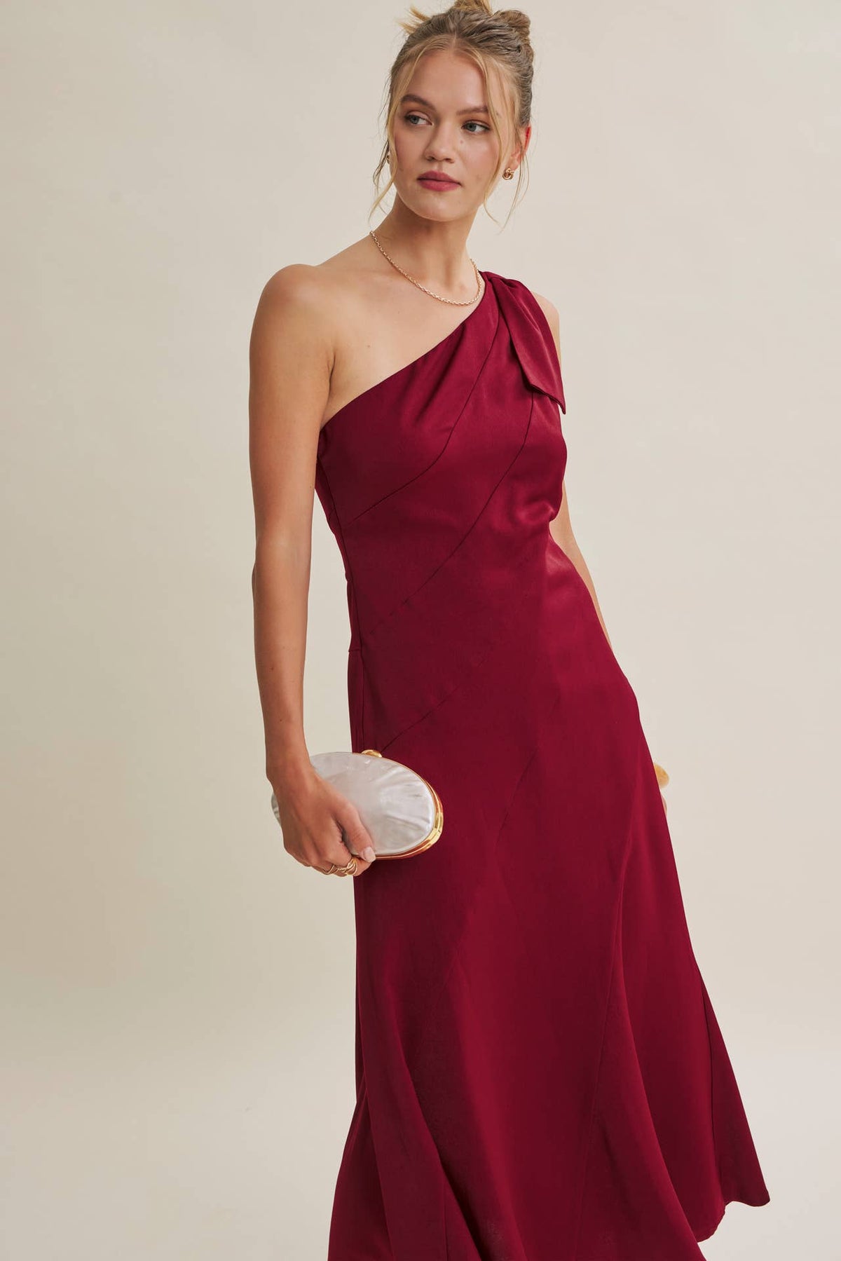 PARTY GLAM ONE-SHOULDER BOW MIDI DRESS W/ SCULPTING SEAM