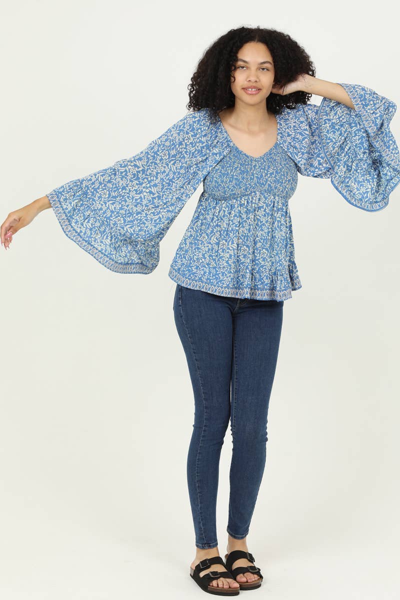 V-Neck Smocked Bust Wide Sleeve Blouse
