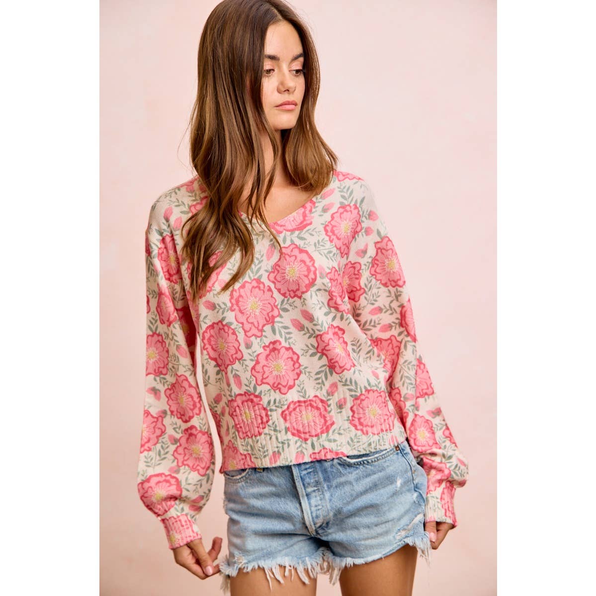 Flower Printed V-Neck Knit Top with Balloon Sleeves