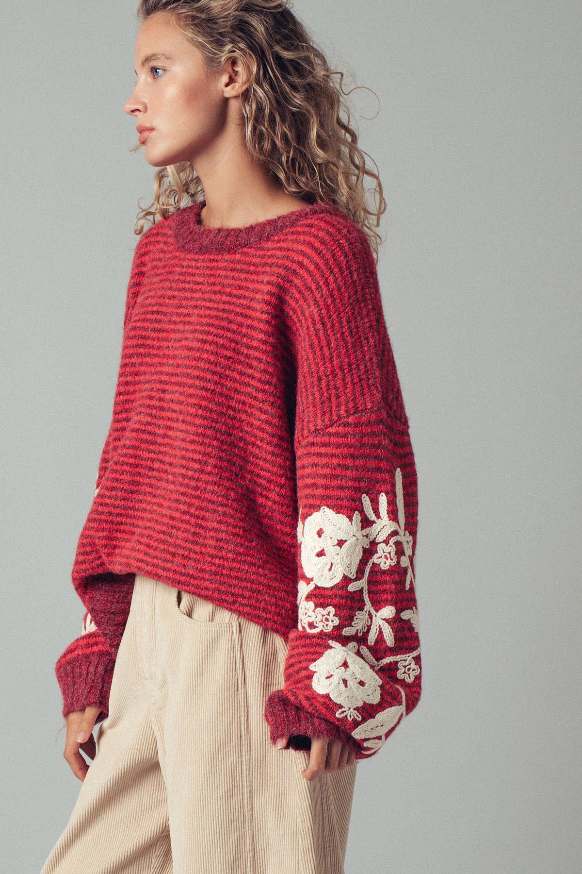 Floral Embroidered Striped Knit Sweater