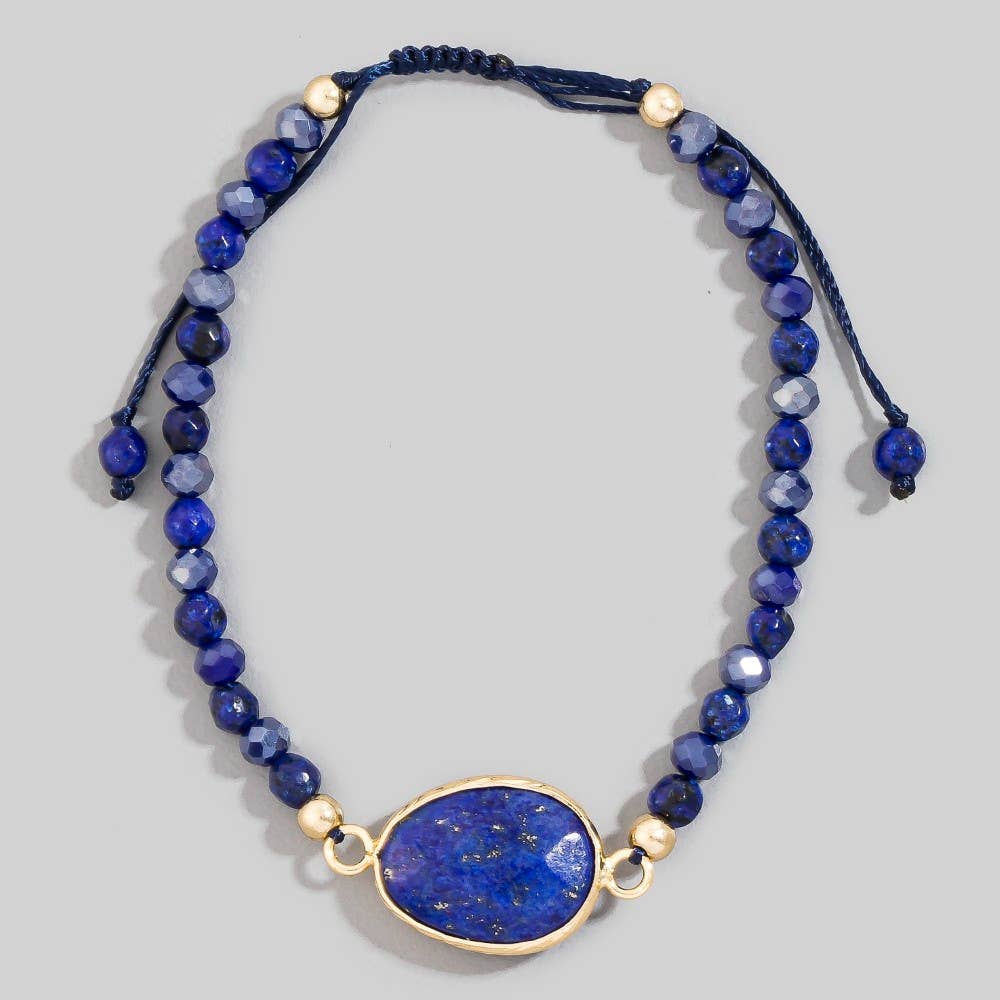 Faceted Semi Precious Oval Stone Charm Beaded Cord Bracelet