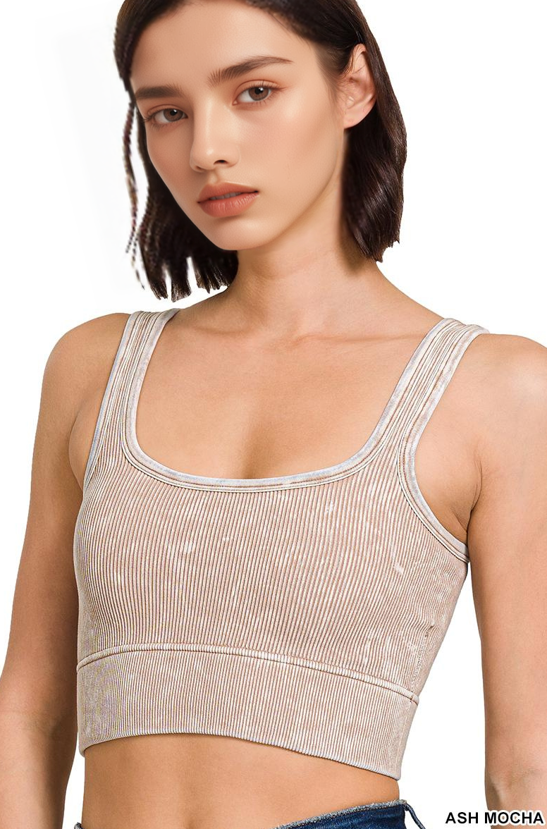 Square neck Washed Seamless Rib Bralette w/ Bra Pads