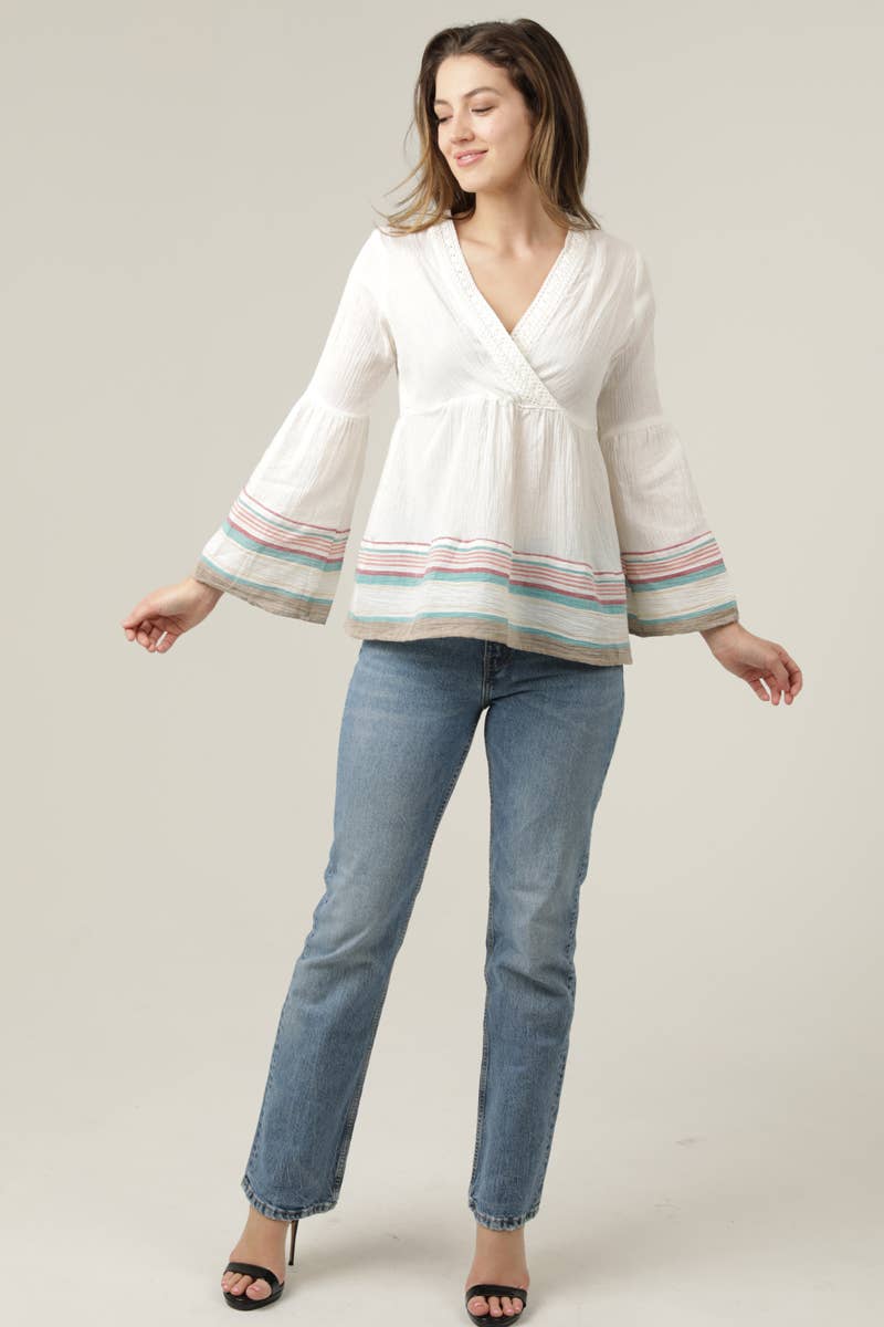 Lace Trim Lace Back V-Neck Flare Sleeve Stripe Top