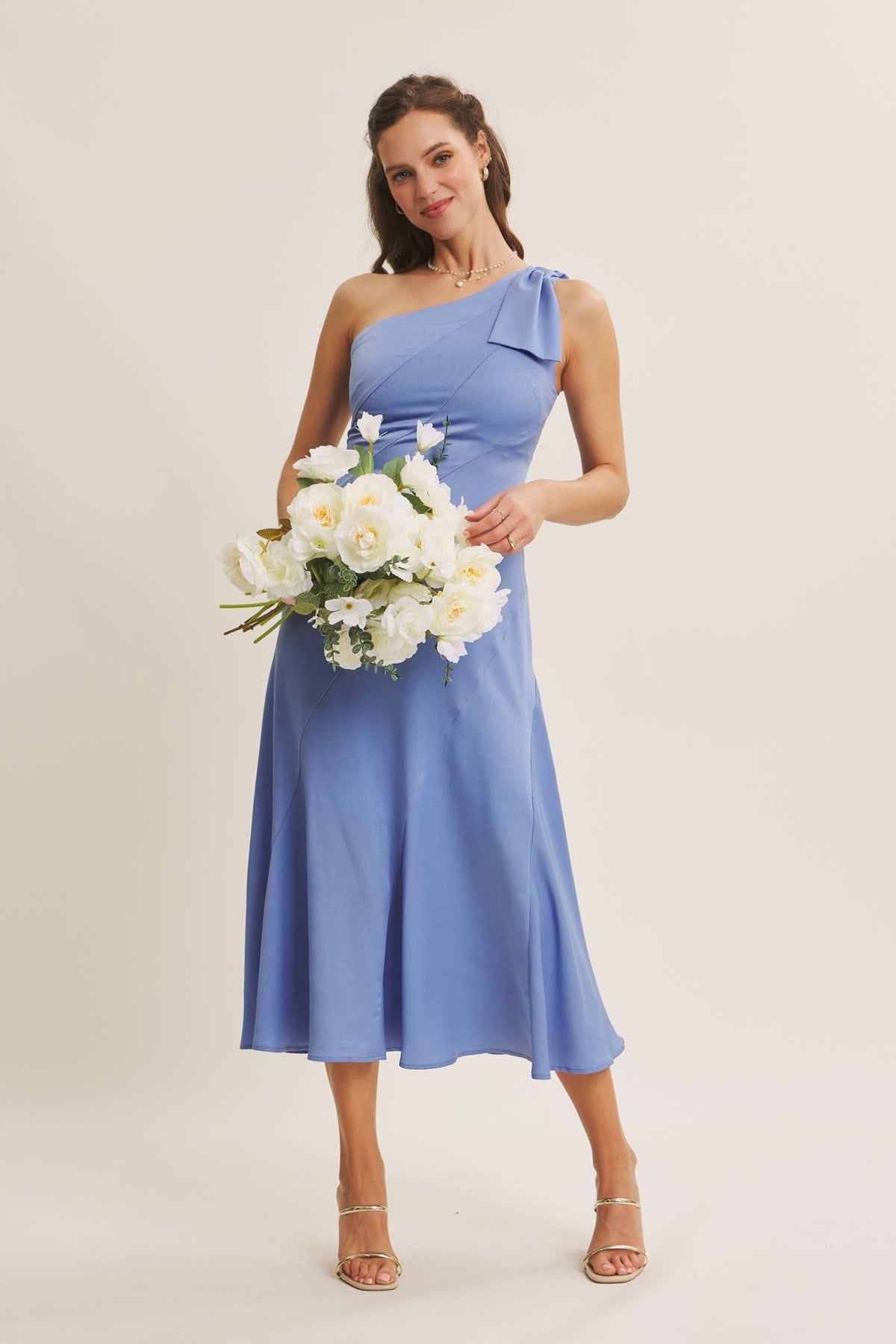 PARTY GLAM ONE-SHOULDER BOW MIDI DRESS W/ SCULPTING SEAM