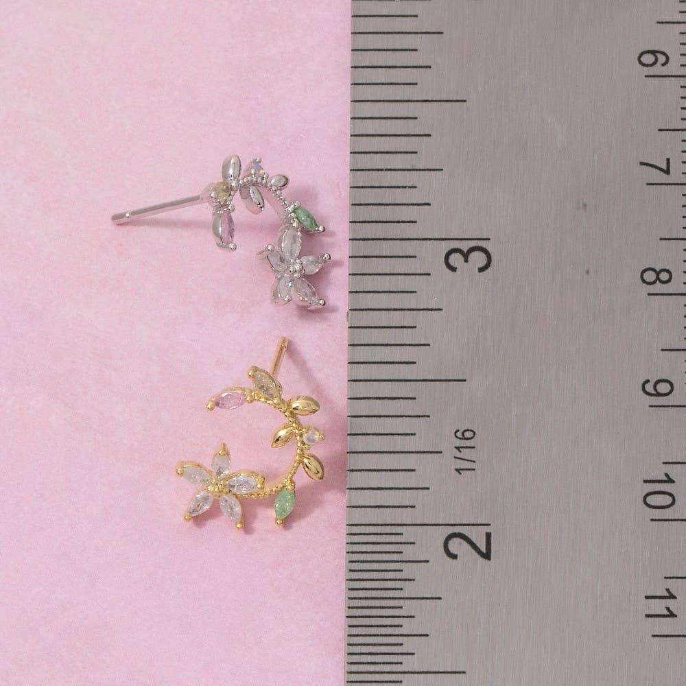 Gold Dipped Cz Leaf And Flower Circle Stud Earrings