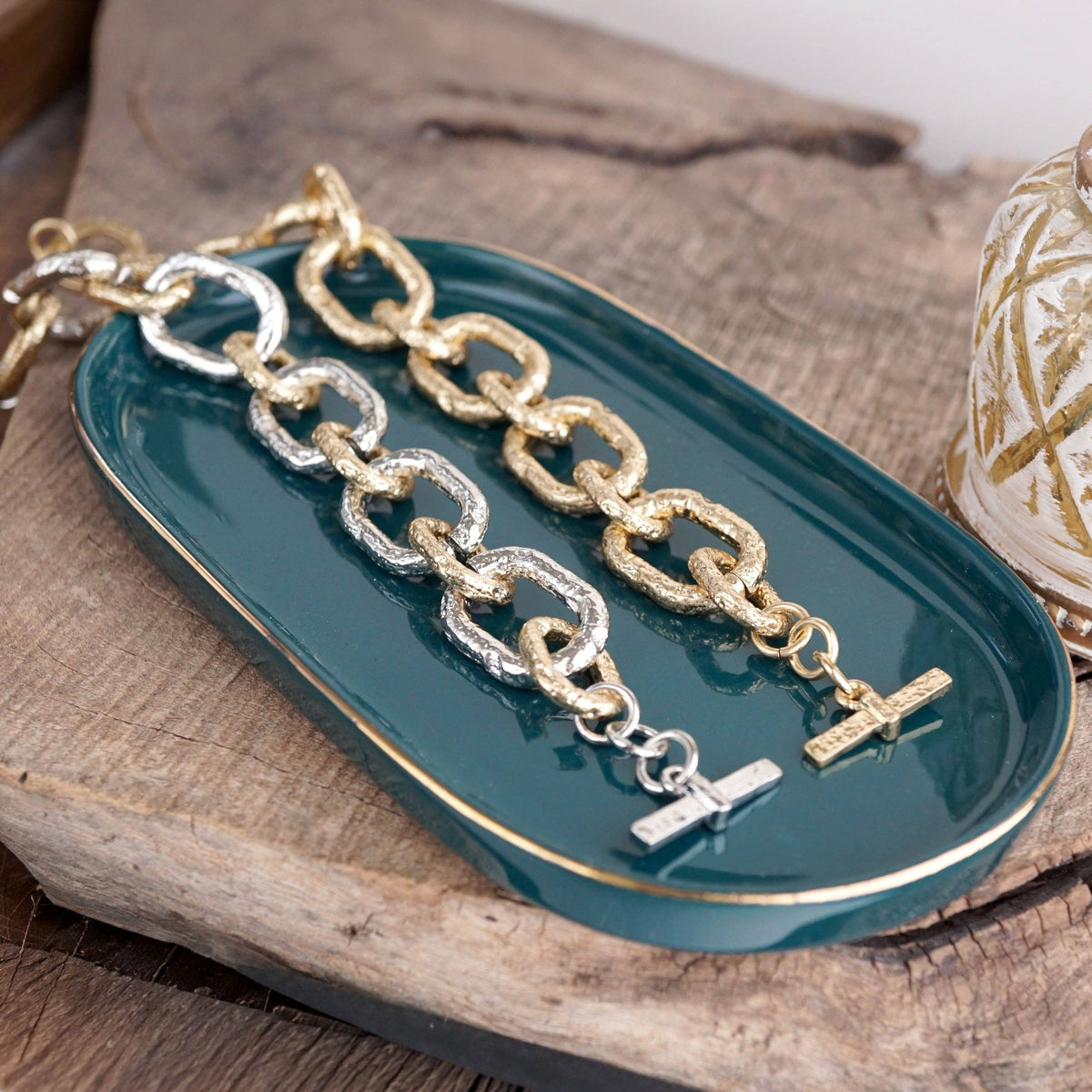 Chunky Chain Rectangle Link Bracelet Worn Gold Silver - Luxe Link