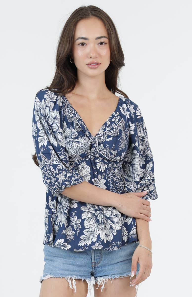 Twist Front Floral Print Blouse