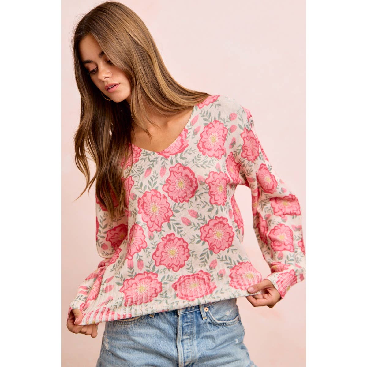 Flower Printed V-Neck Knit Top with Balloon Sleeves