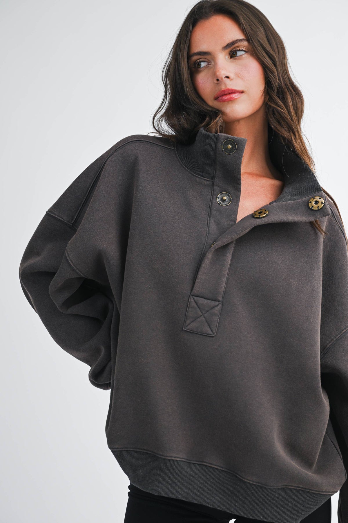 Oversized Snap Neck Pullover Sweatshirt