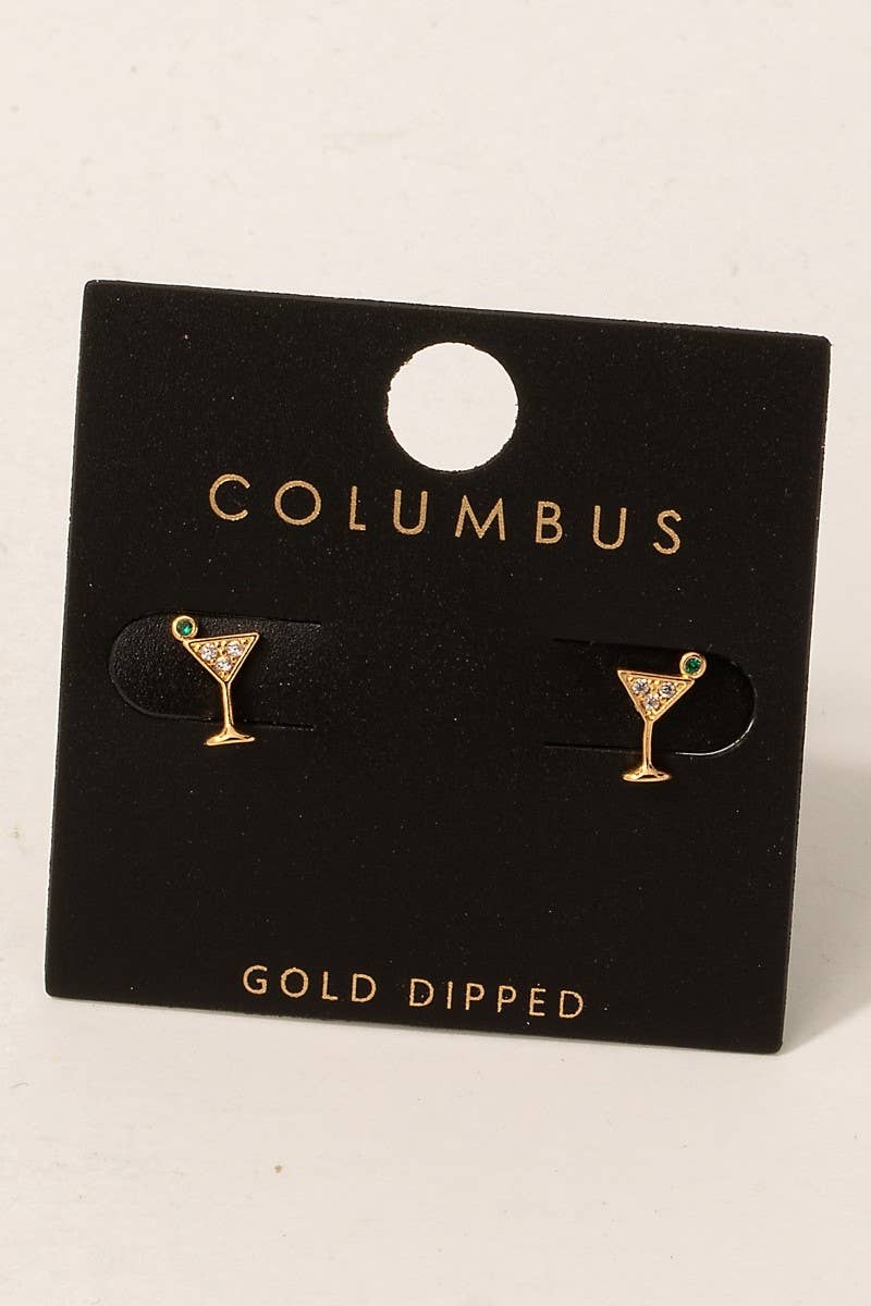 Gold Dipped Cz Pave Martini Glass Stud Earrings