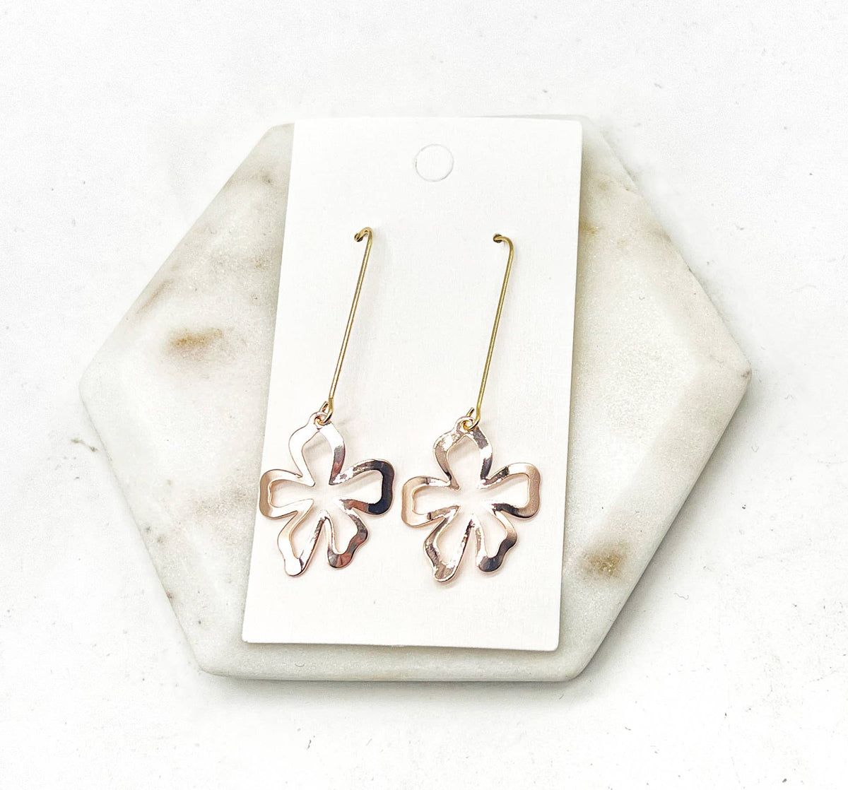 Rose Gold Metal Flower Gold Long Drop Earrings Floral