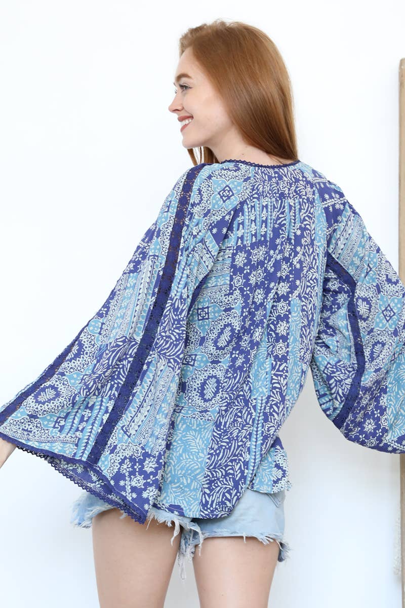 V-Neck Flare Bell Sleeve Lace Insets Top