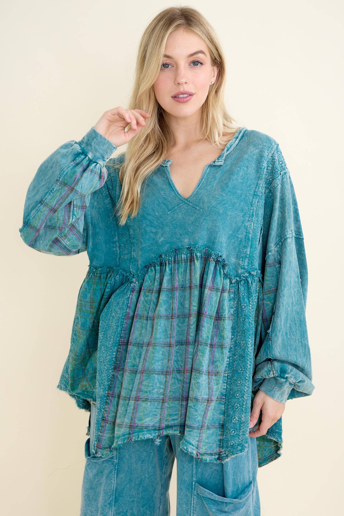 Mineral Washed Flannel Eyelet Patch Babydoll Blouse