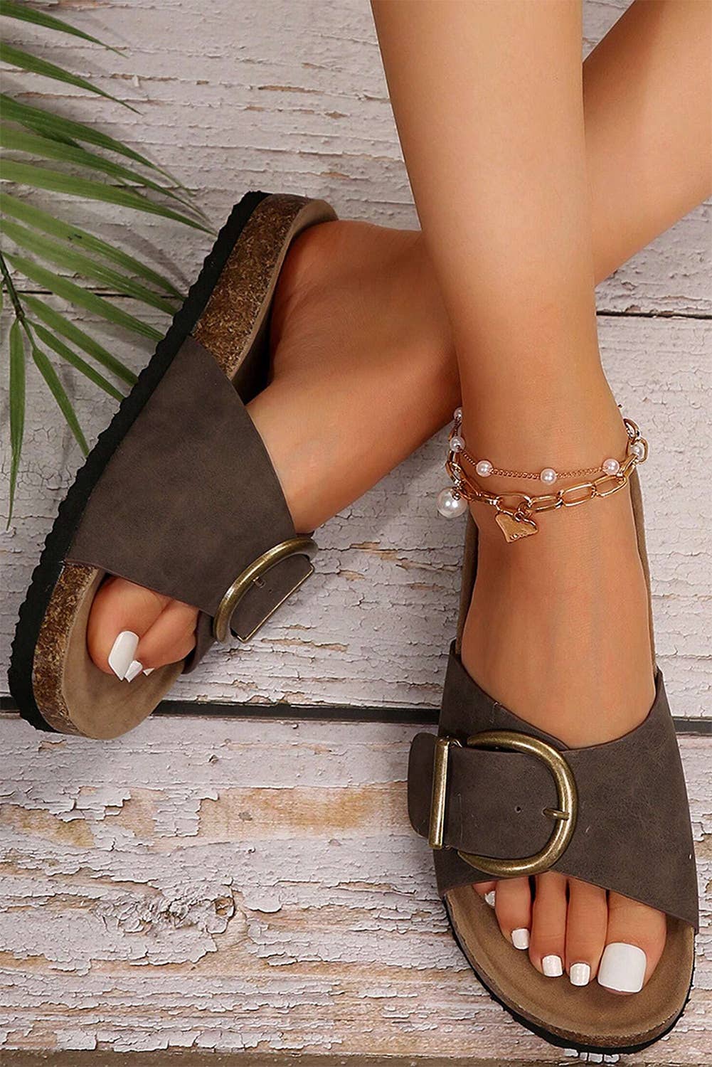 Buckle Decor Faux Suede Thick Sole Slippers