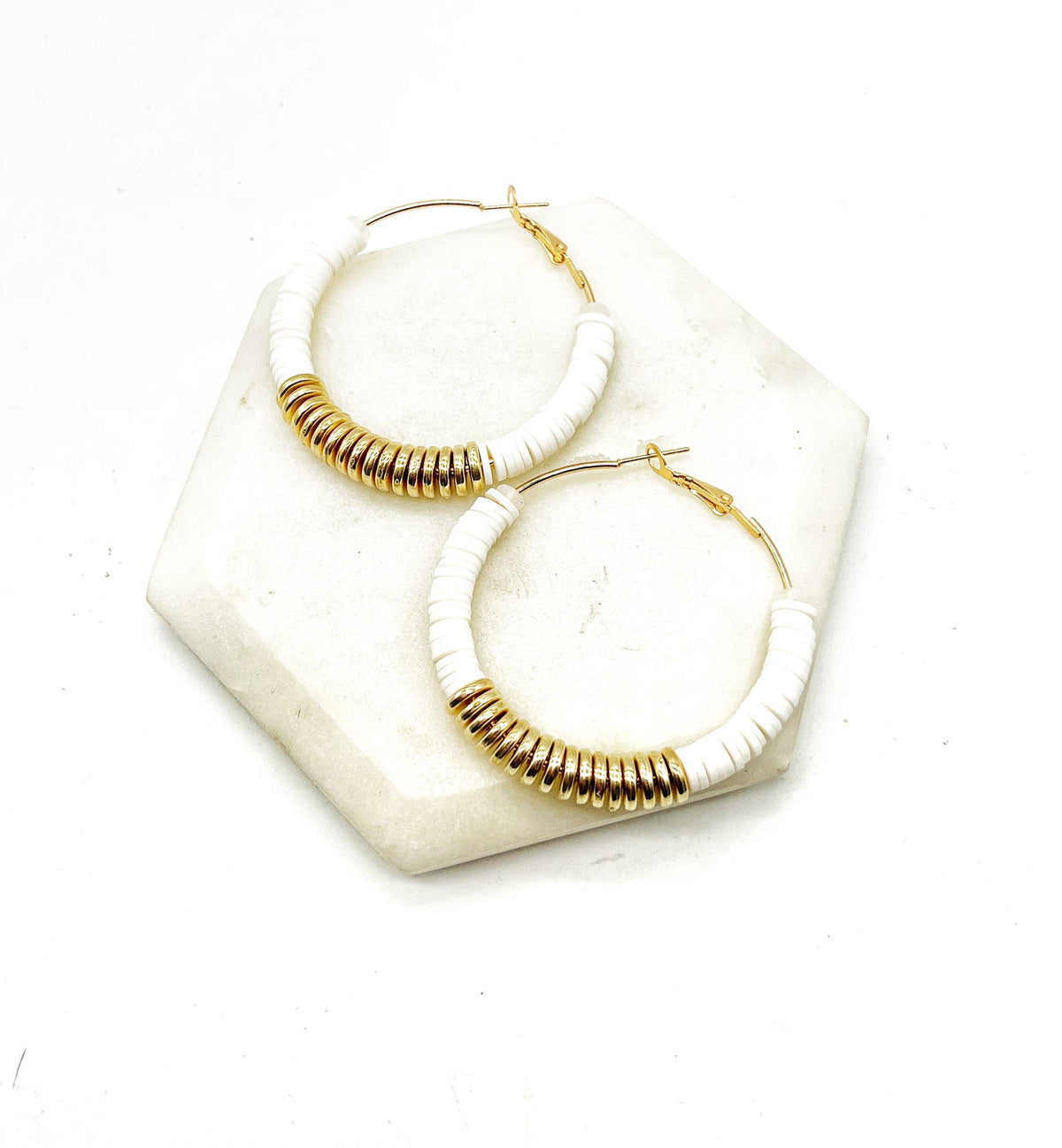 White Gold Heishi Hoop Earrings