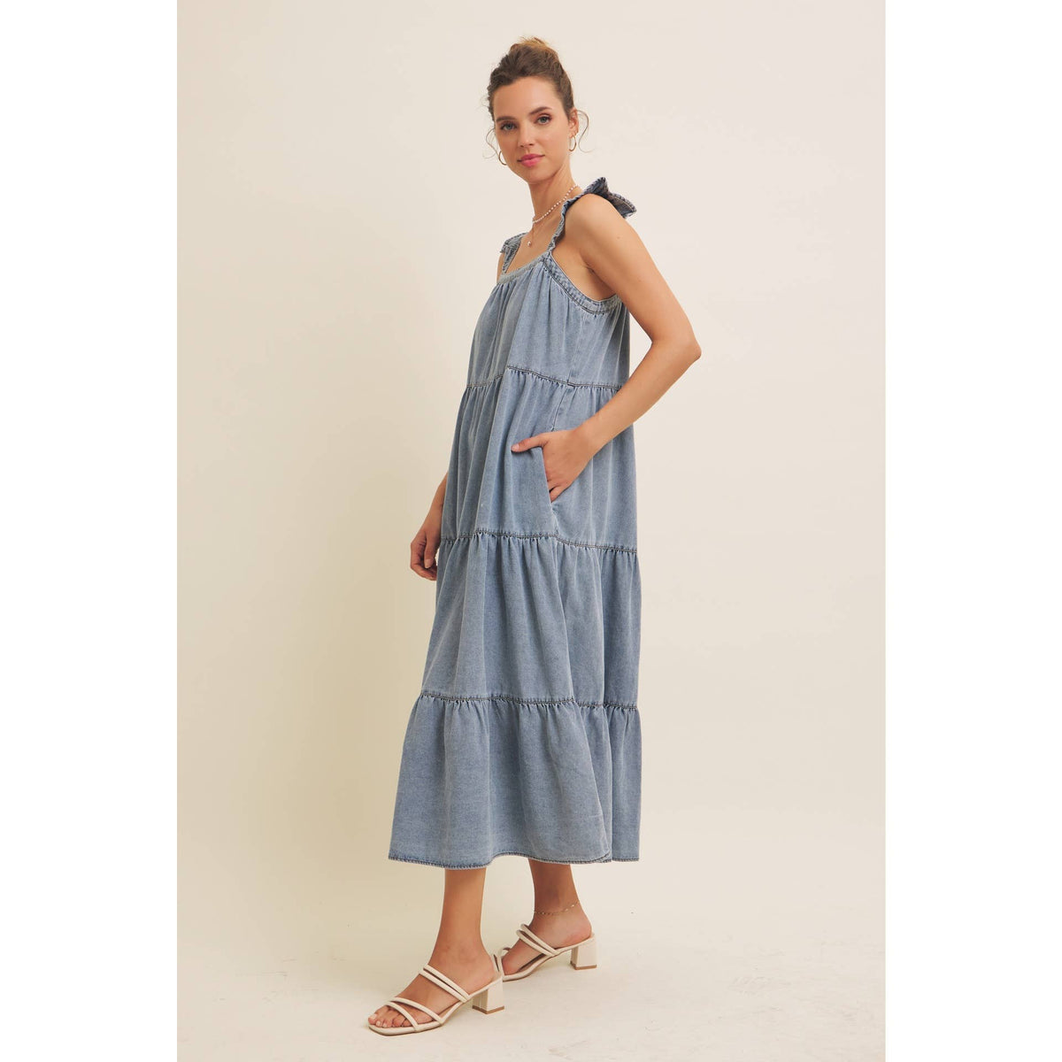 DENIM WASHED MIDI DRESS WITH RUFFLES AND BACK BOW