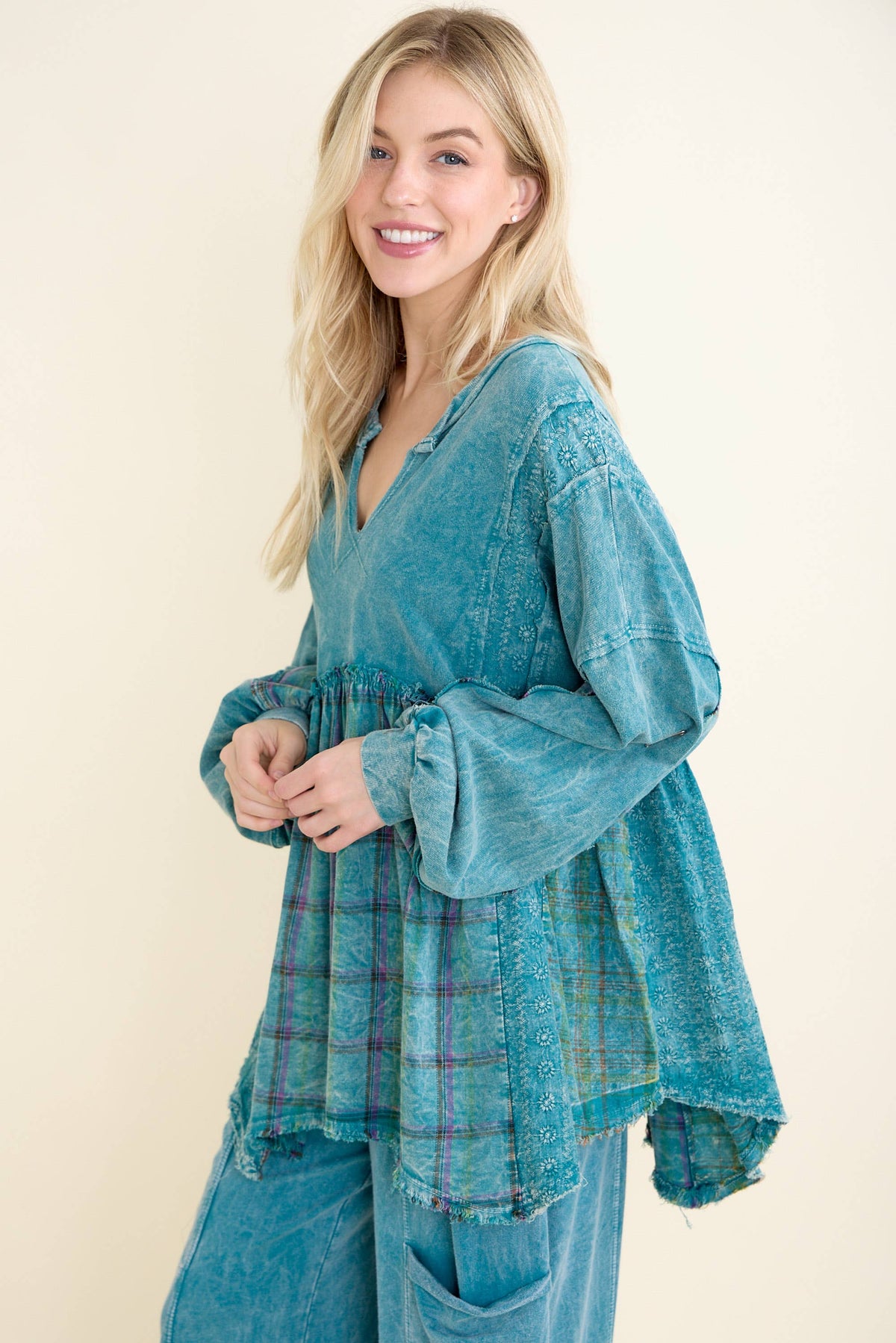 Mineral Washed Flannel Eyelet Patch Babydoll Blouse