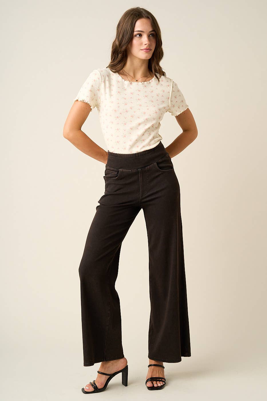 WASHED DENIM ELASTIC WAISTBAND WIDE LEG PANTS
