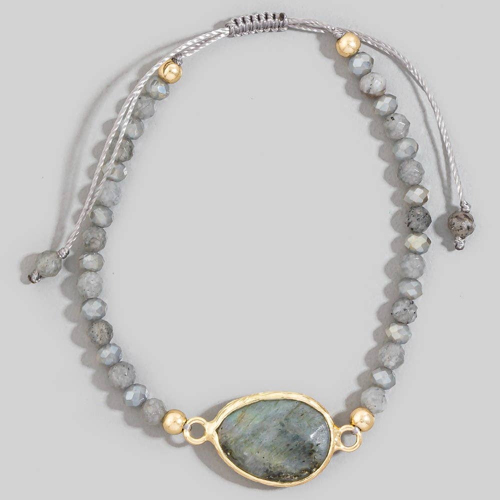 Faceted Semi Precious Oval Stone Charm Beaded Cord Bracelet