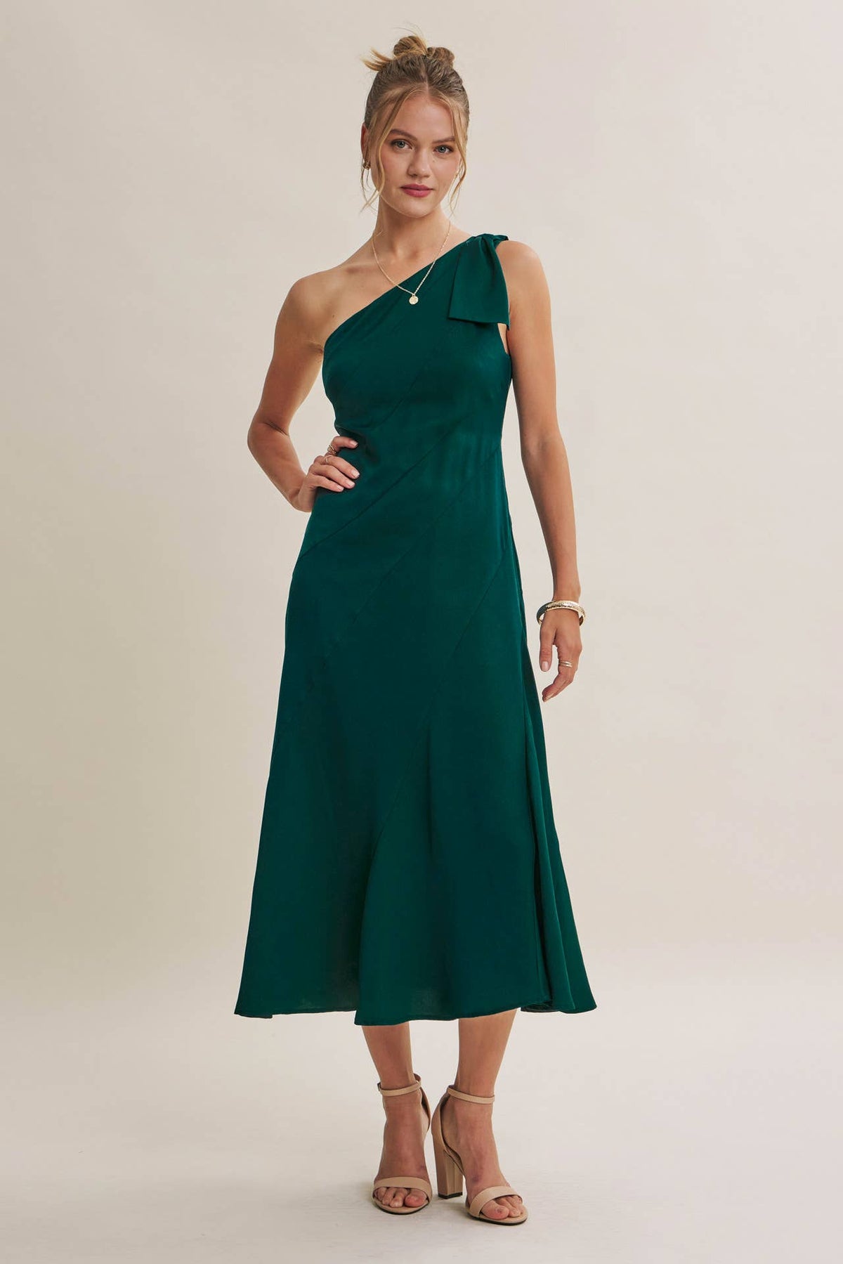 PARTY GLAM ONE-SHOULDER BOW MIDI DRESS W/ SCULPTING SEAM