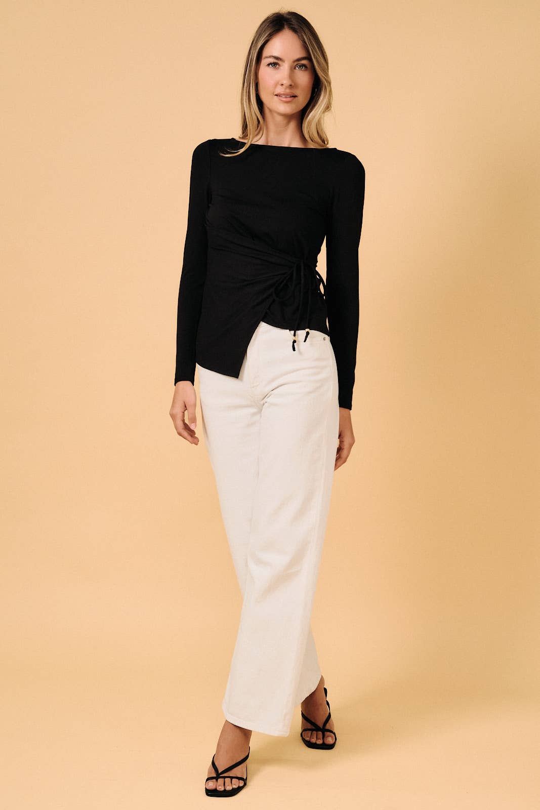 Boatneck Long Sleeve Asymmetric Pleats Side Tie Top