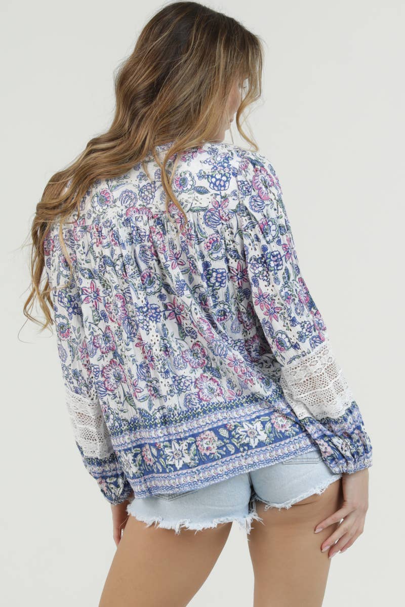 Eyelet Embroidered Printed Lace Trim Blouse