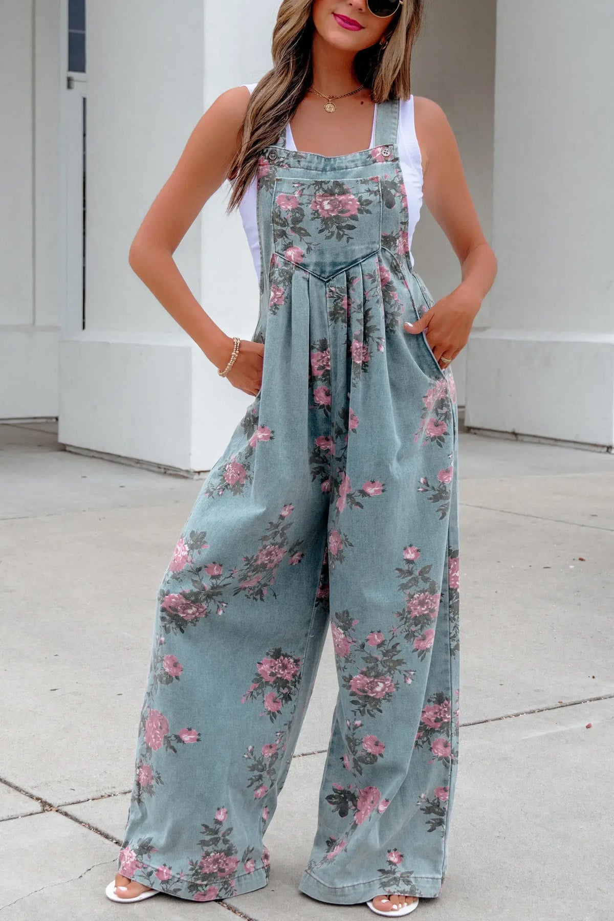 Floral Print Wide-Leg Denim Overalls
