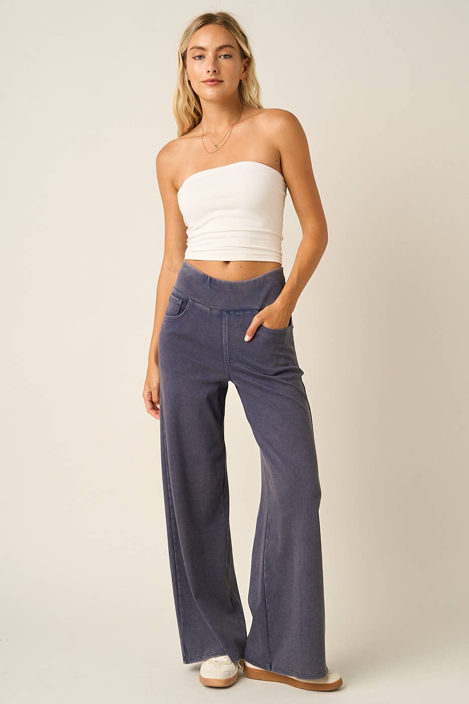 WASHED DENIM ELASTIC WAISTBAND WIDE LEG PANTS