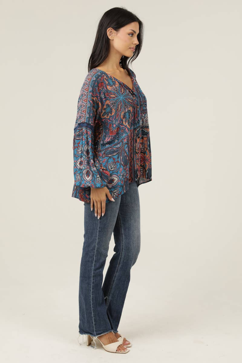V-Neck Tie Back Patchwork Print Blouse