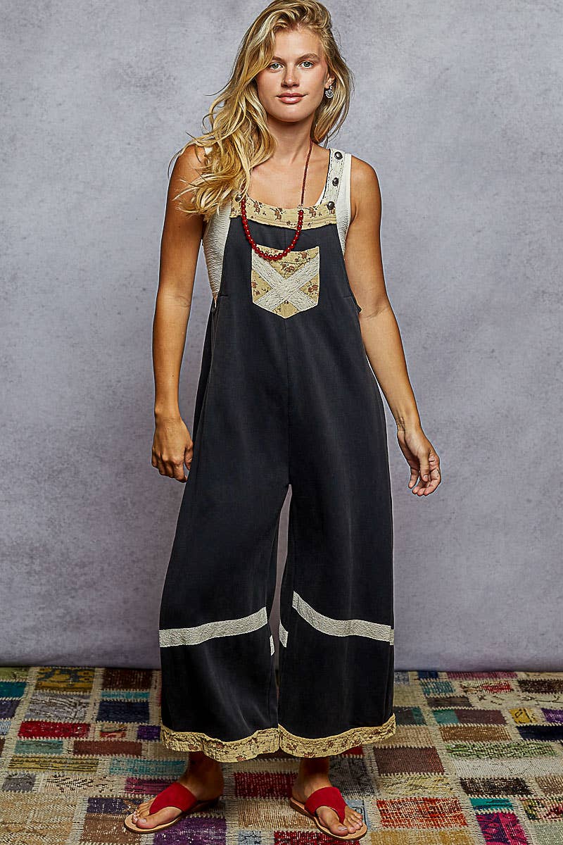 Vintage-Wash French Terry Patchwork Overalls