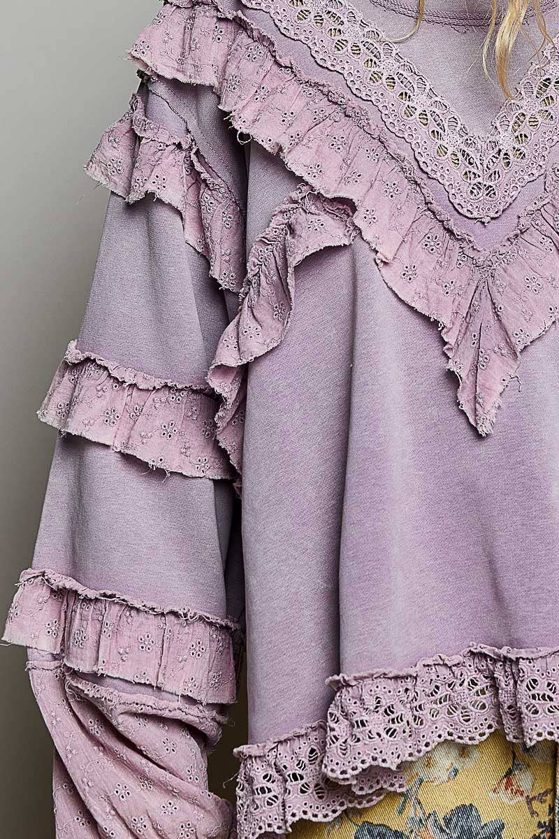 French Terry Eyelet Ruffle Vintage Washing Solid Knit Top