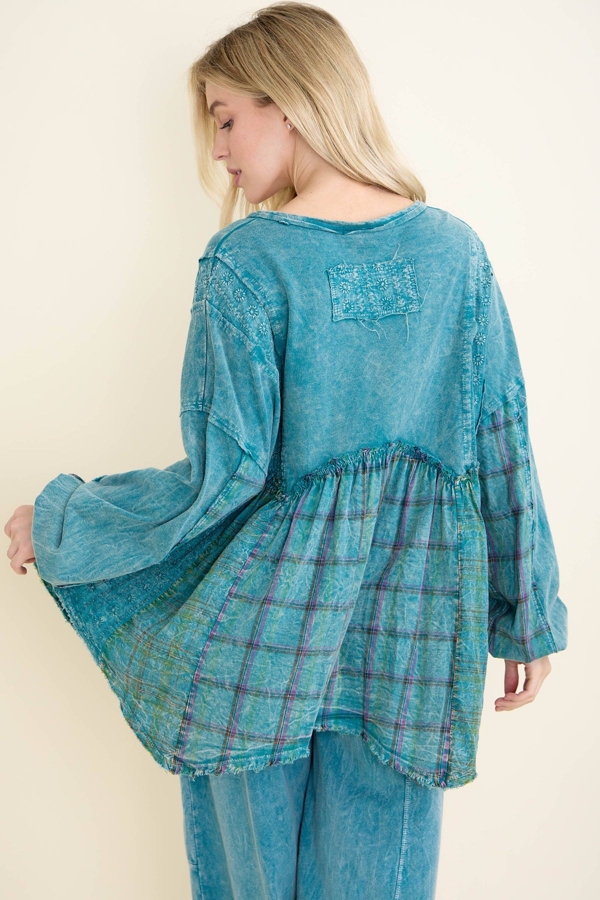 Mineral Washed Flannel Eyelet Patch Babydoll Blouse