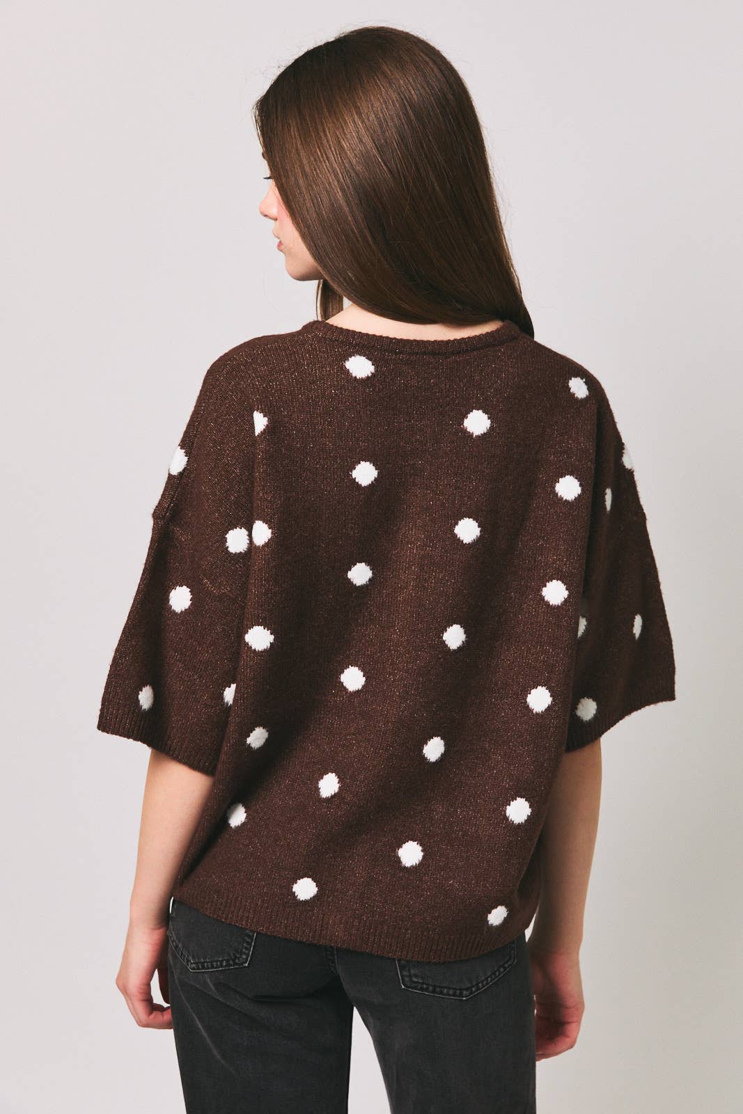 SHORT SLEEVE CREW NECK POLKA DOT SWEATER CARDIGAN
