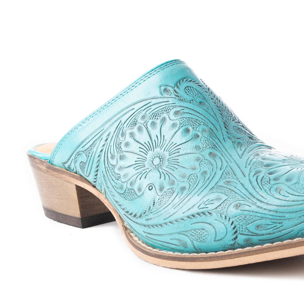 Valeria Hand-tooled Mules In Turquoise