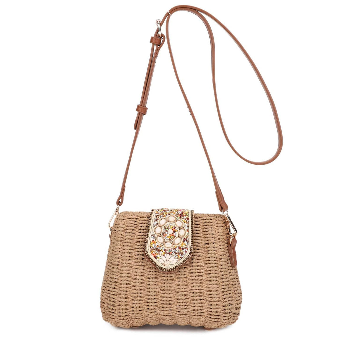 Straw Crossbody Bag With Beaded Buckle
