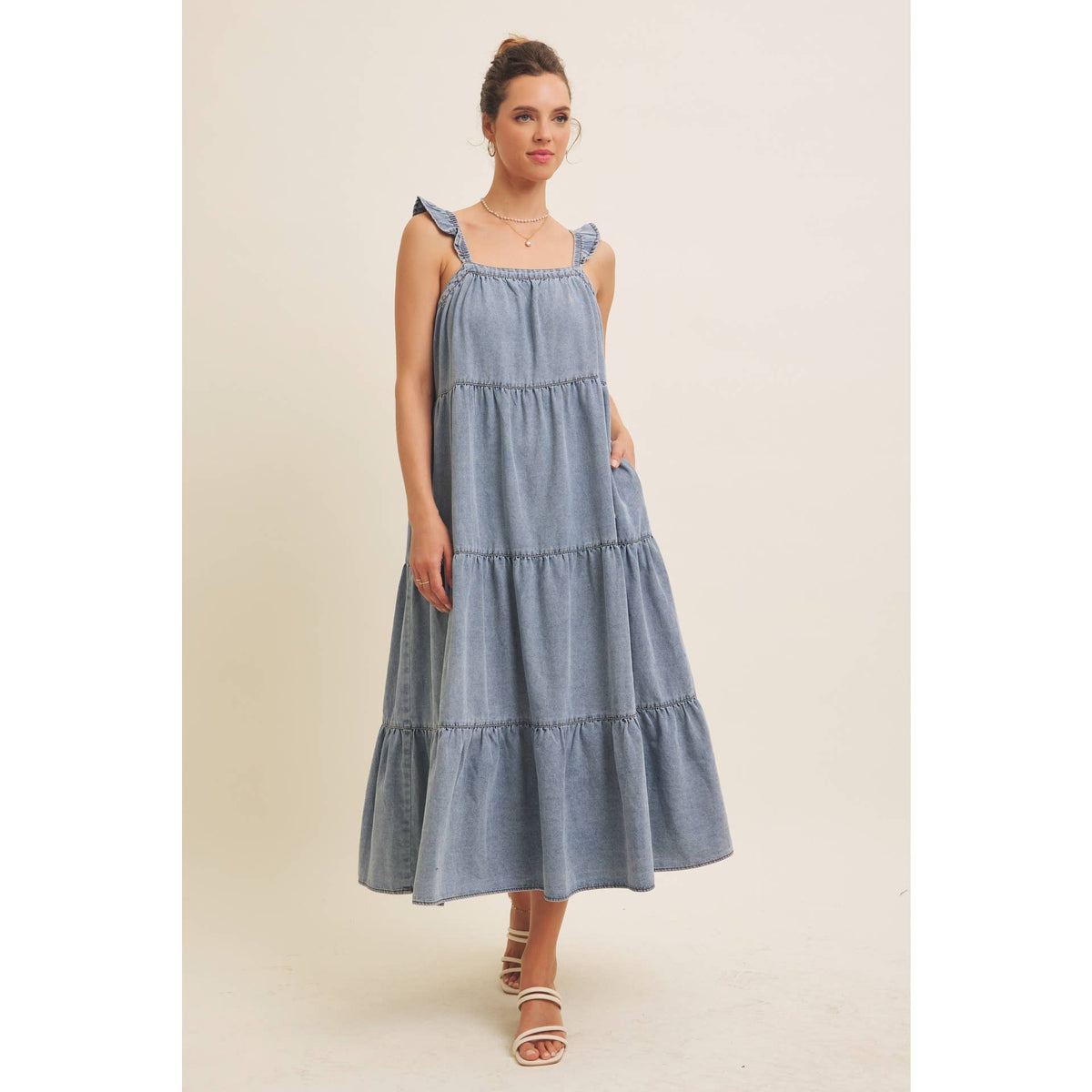 DENIM WASHED MIDI DRESS WITH RUFFLES AND BACK BOW