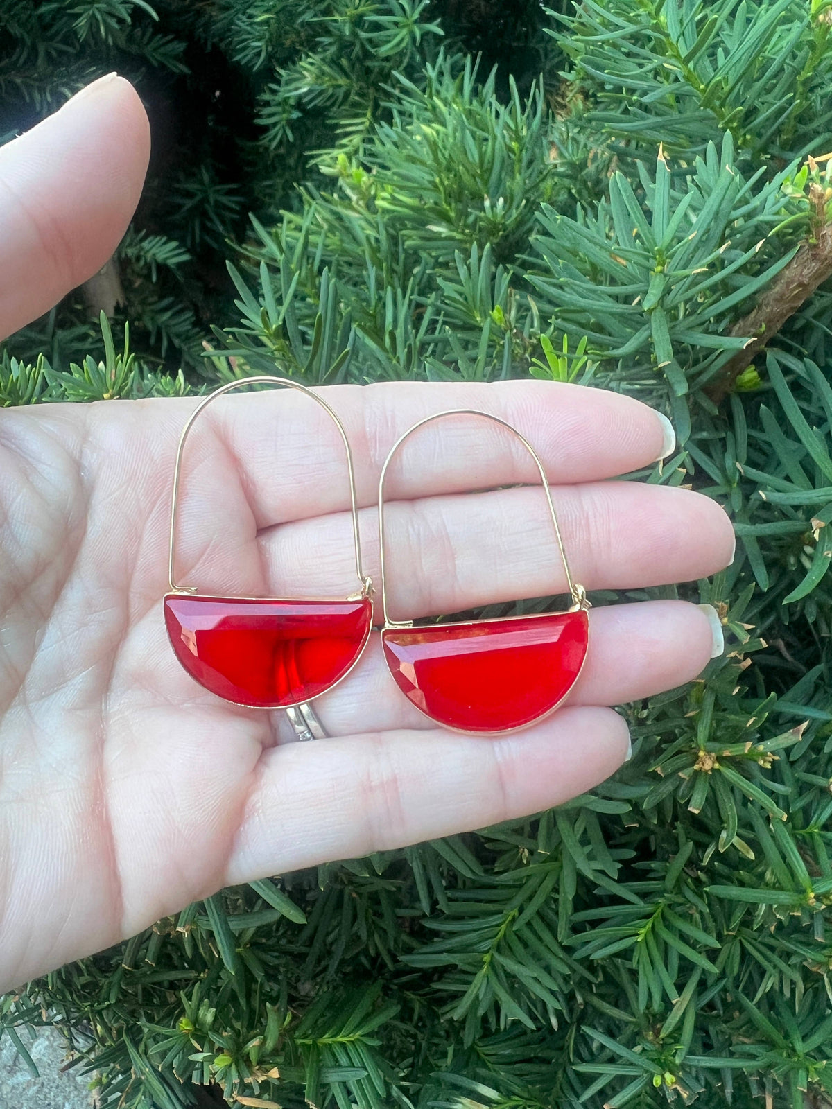 Red Crimson Gold Gem Hoop Earrings