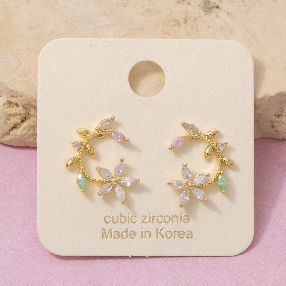 Gold Dipped Cz Leaf And Flower Circle Stud Earrings