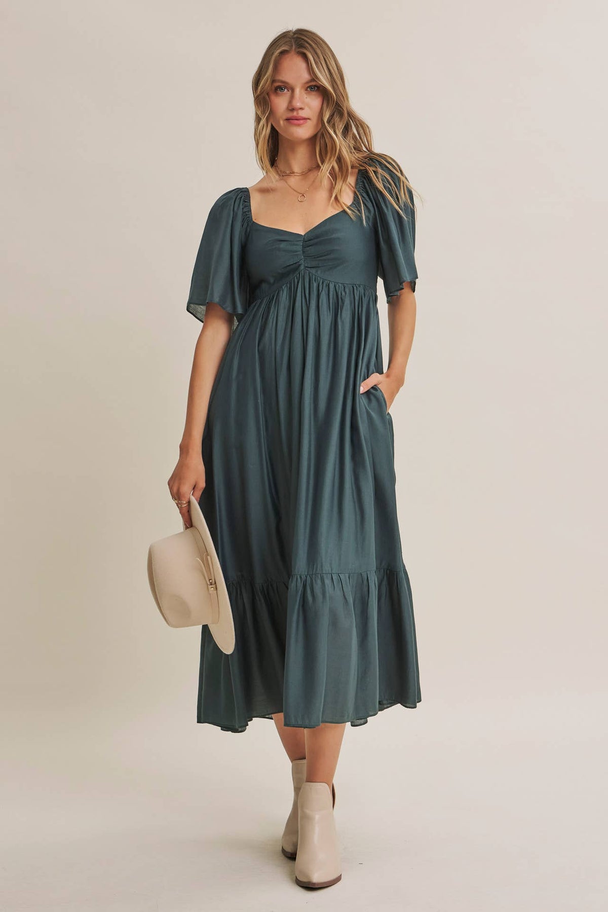 WHISPERING WILLOW FLATTERING SWEETHEART SMOCKED MIDI DRESS