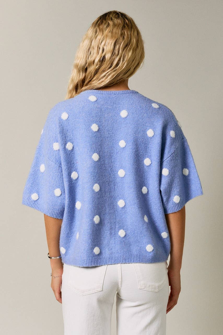 SHORT SLEEVE CREW NECK POLKA DOT SWEATER CARDIGAN