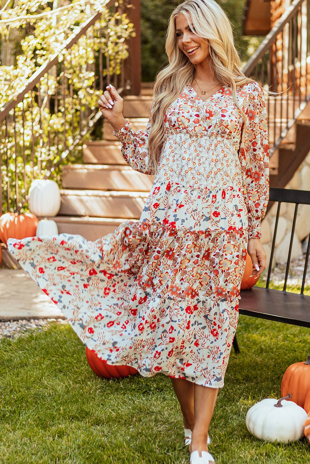 Floral Print Ruffled Tiered Long Sleeve Midi Dress