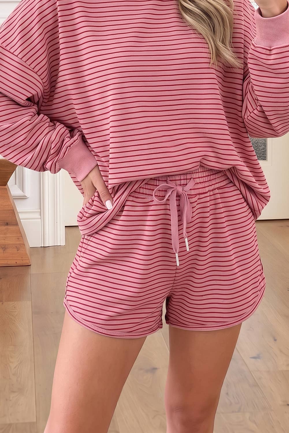 Stripe Mock Neck Pullover & Matching Shorts Set