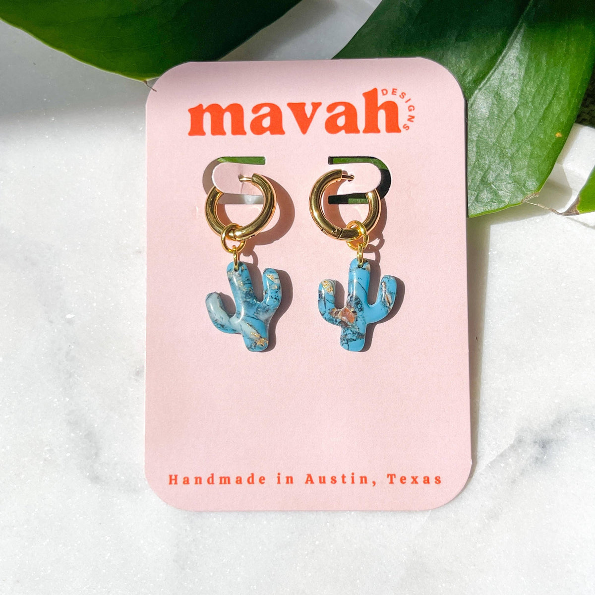 Saguaro Cactus Turquoise Huggie Earrings: 18K Gold-Plated Hoops