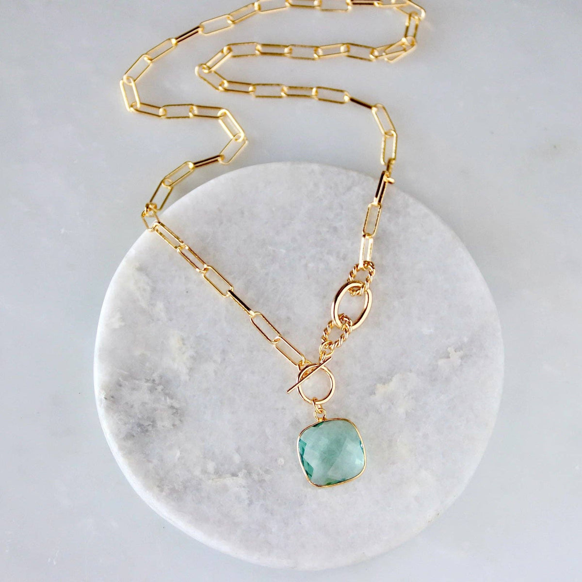 Aquamarine Quartz Cushion Toggle Necklace