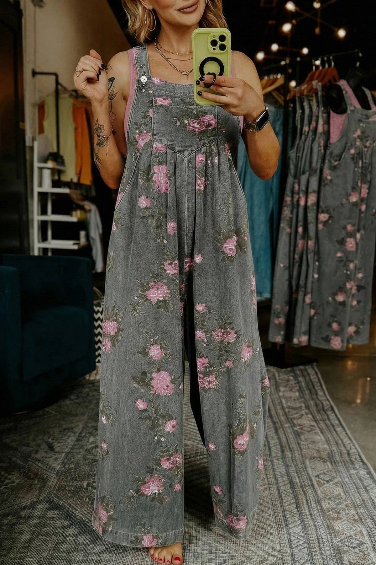 Floral Print Wide-Leg Denim Overalls