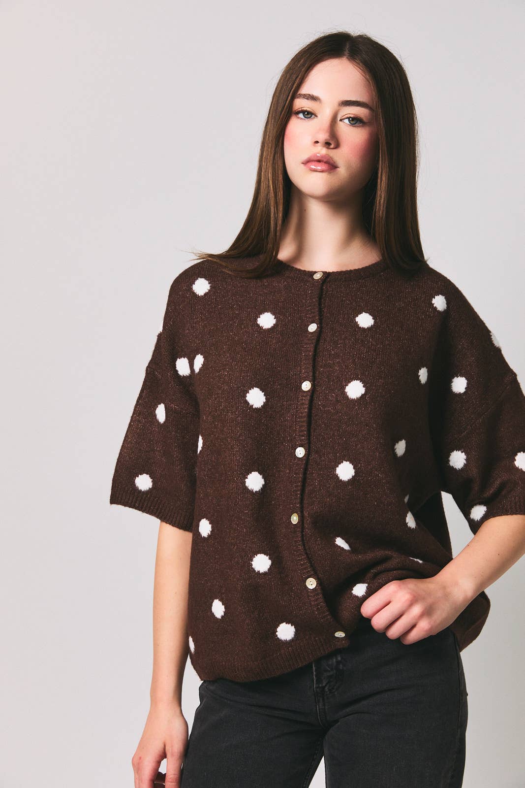 SHORT SLEEVE CREW NECK POLKA DOT SWEATER CARDIGAN
